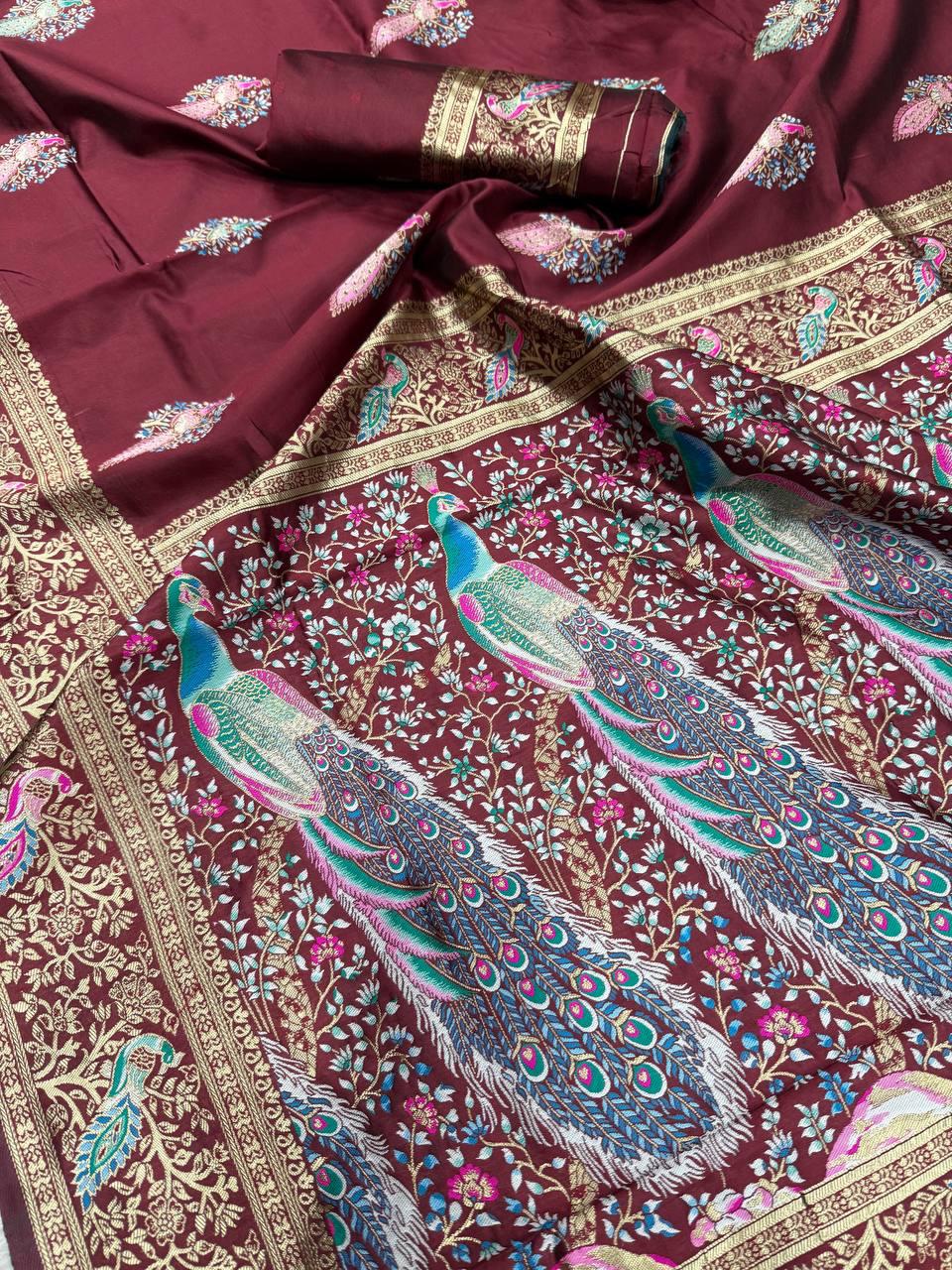 Most Stunning Maroon Soft Banarasi Silk Saree With Stylish Blouse Piece