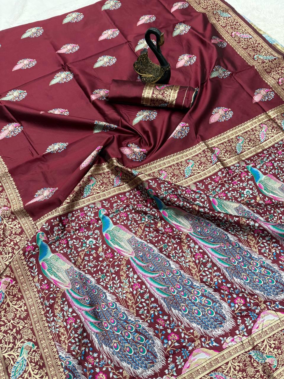 Most Stunning Maroon Soft Banarasi Silk Saree With Stylish Blouse Piece