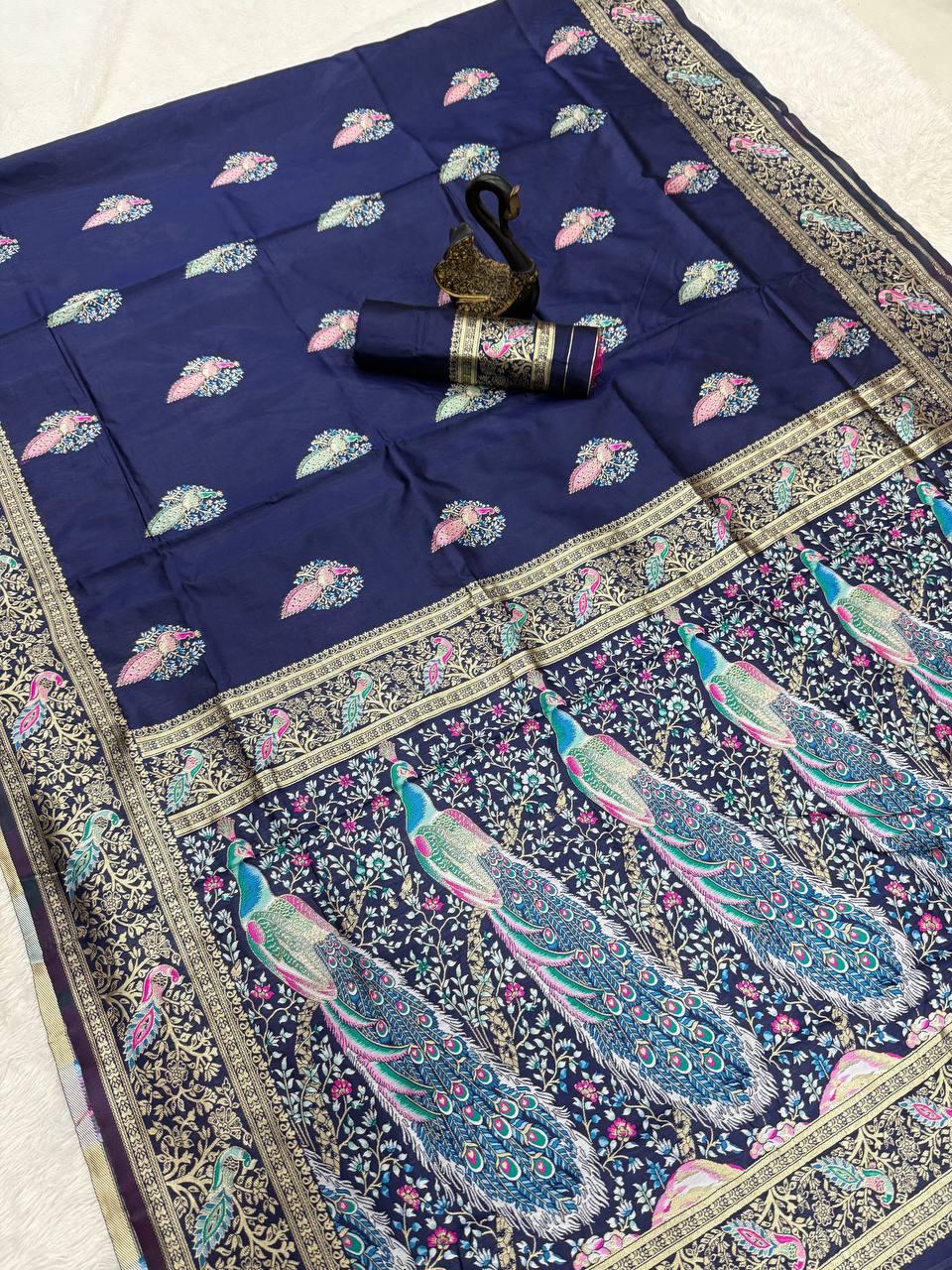 Innovative Navy Blue Soft Banarasi Silk Saree With Engrossing Blouse Piece