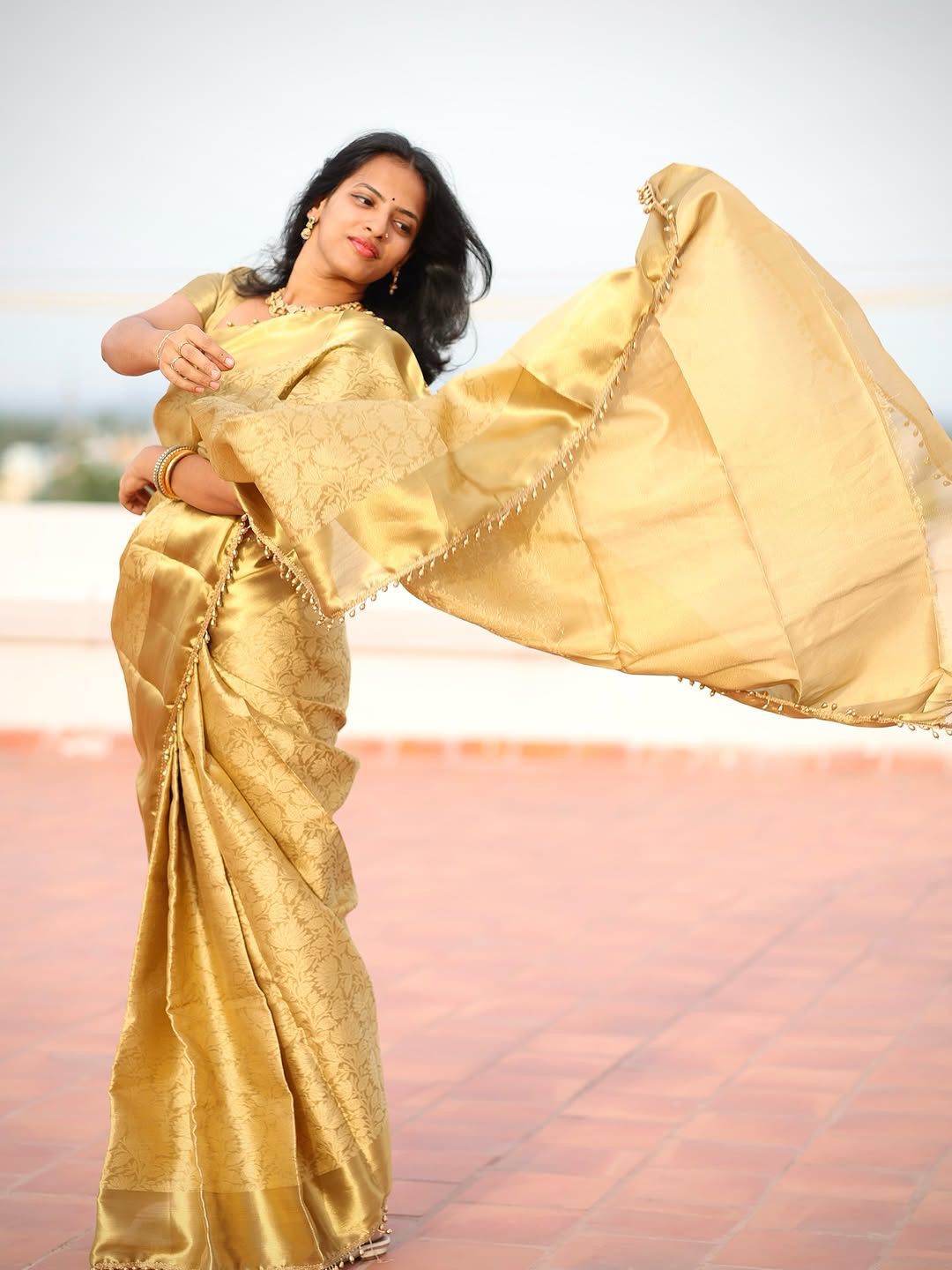 Flamboyant Golden Soft Tissue Silk Saree With Gossamer Blouse Piece