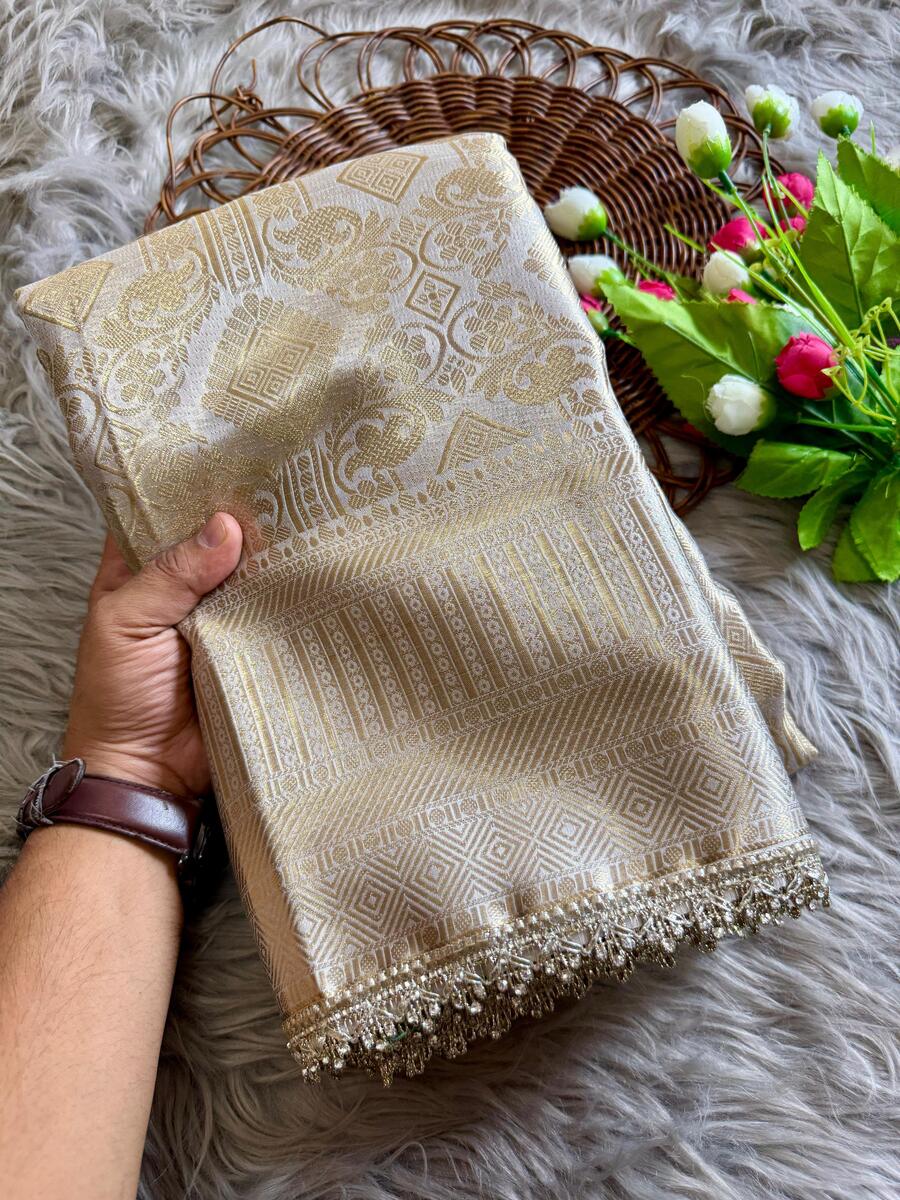 Verdant Beige Soft Tissue Silk Saree With Luminous Blouse Piece