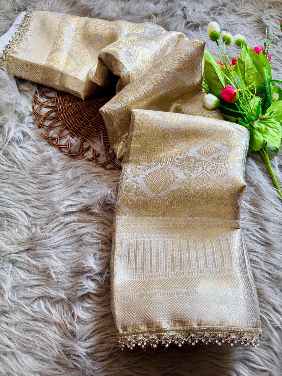 Verdant Beige Soft Tissue Silk Saree With Luminous Blouse Piece