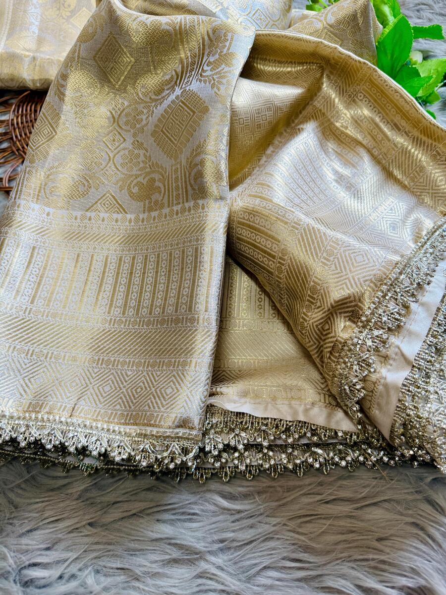 Verdant Beige Soft Tissue Silk Saree With Luminous Blouse Piece