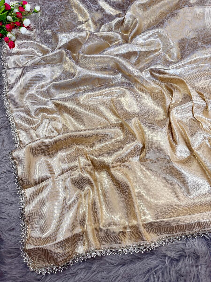 Verdant Beige Soft Tissue Silk Saree With Luminous Blouse Piece