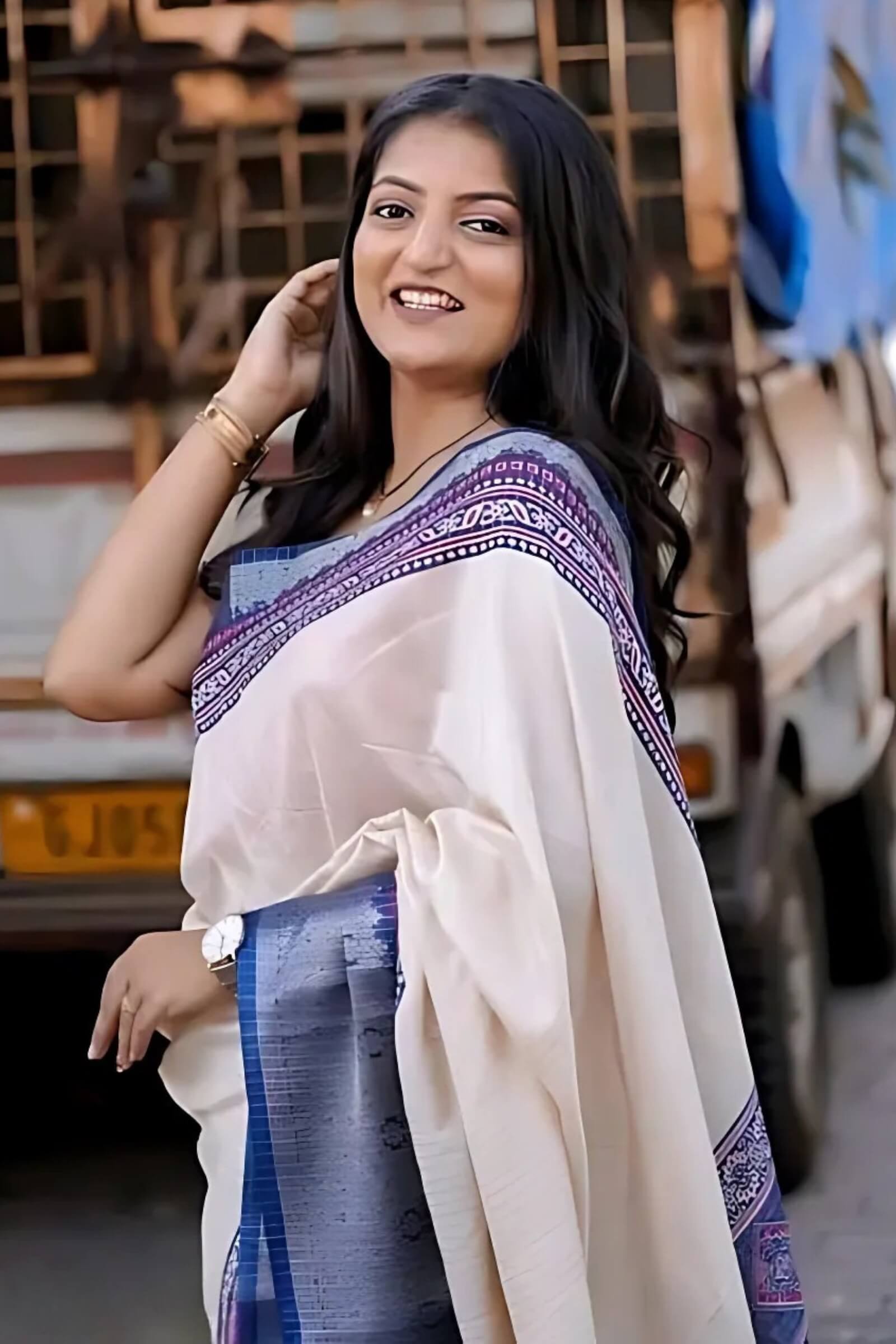 Impressive Beige Digital Printed Dola Silk Saree With Nectarous Blouse Piece