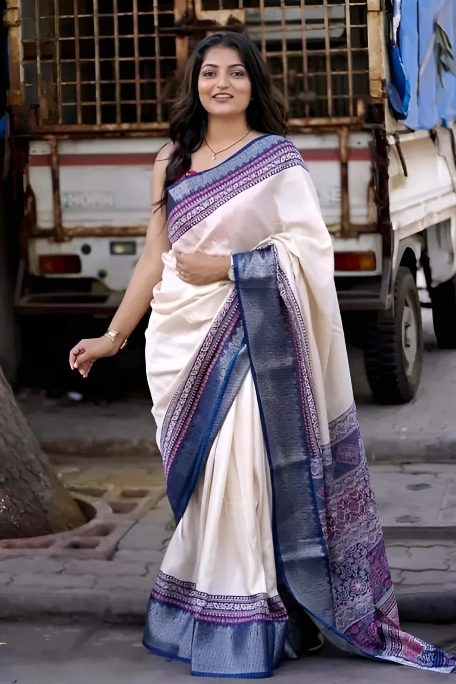 Impressive Beige Digital Printed Dola Silk Saree With Nectarous Blouse Piece