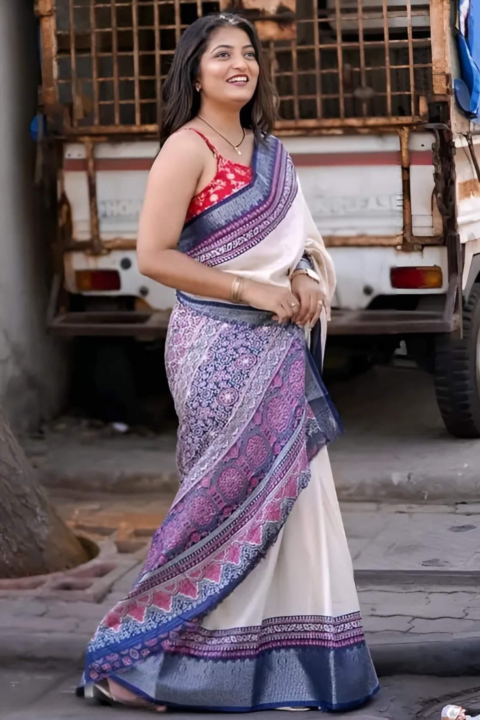 Impressive Beige Digital Printed Dola Silk Saree With Nectarous Blouse Piece