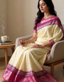 Enigmatic Beige Digital Printed Dola Silk Saree With Denouement Blouse Piece
