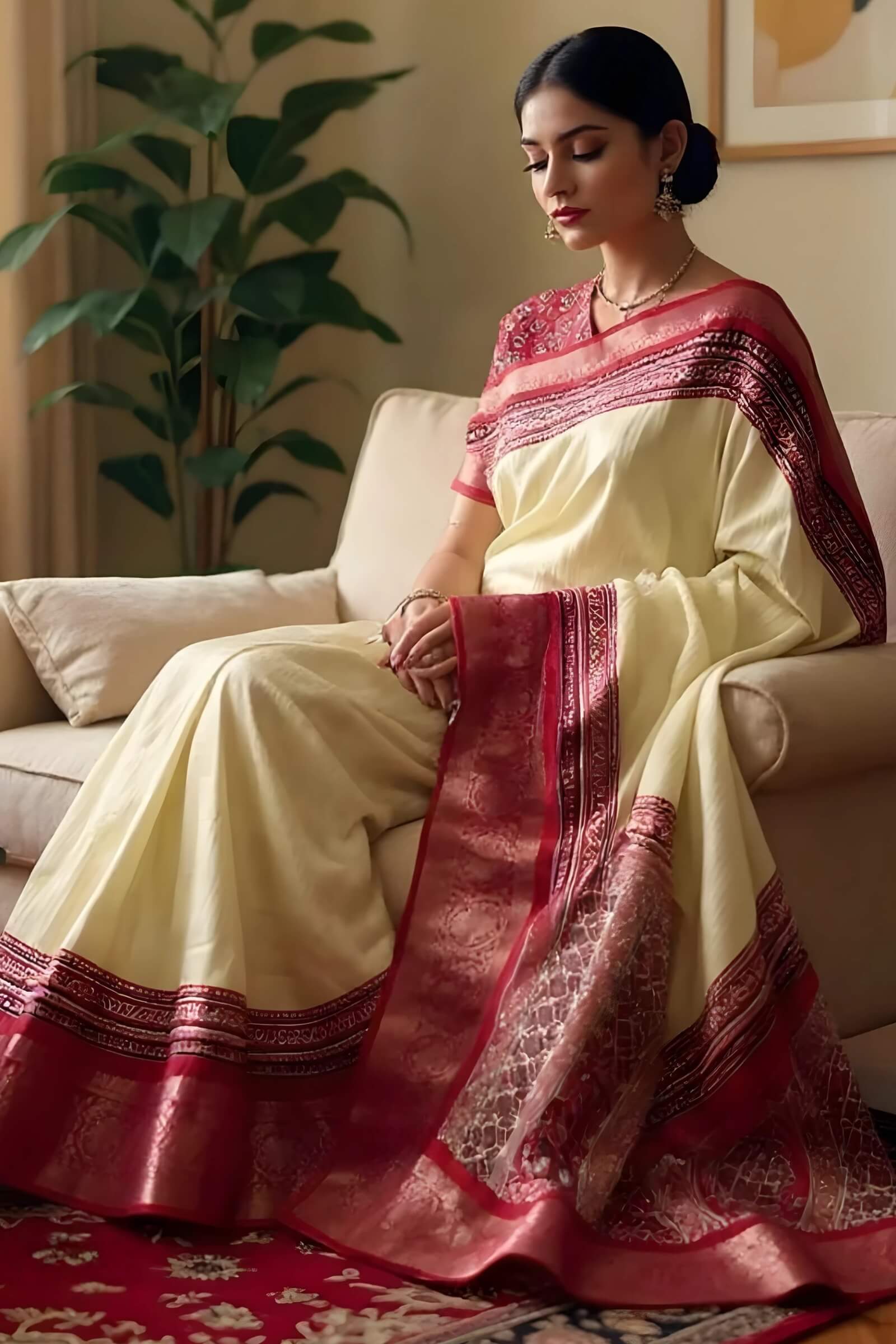 Glamorous Beige Digital Printed Dola Silk Saree With Scrumptious Blouse Piece