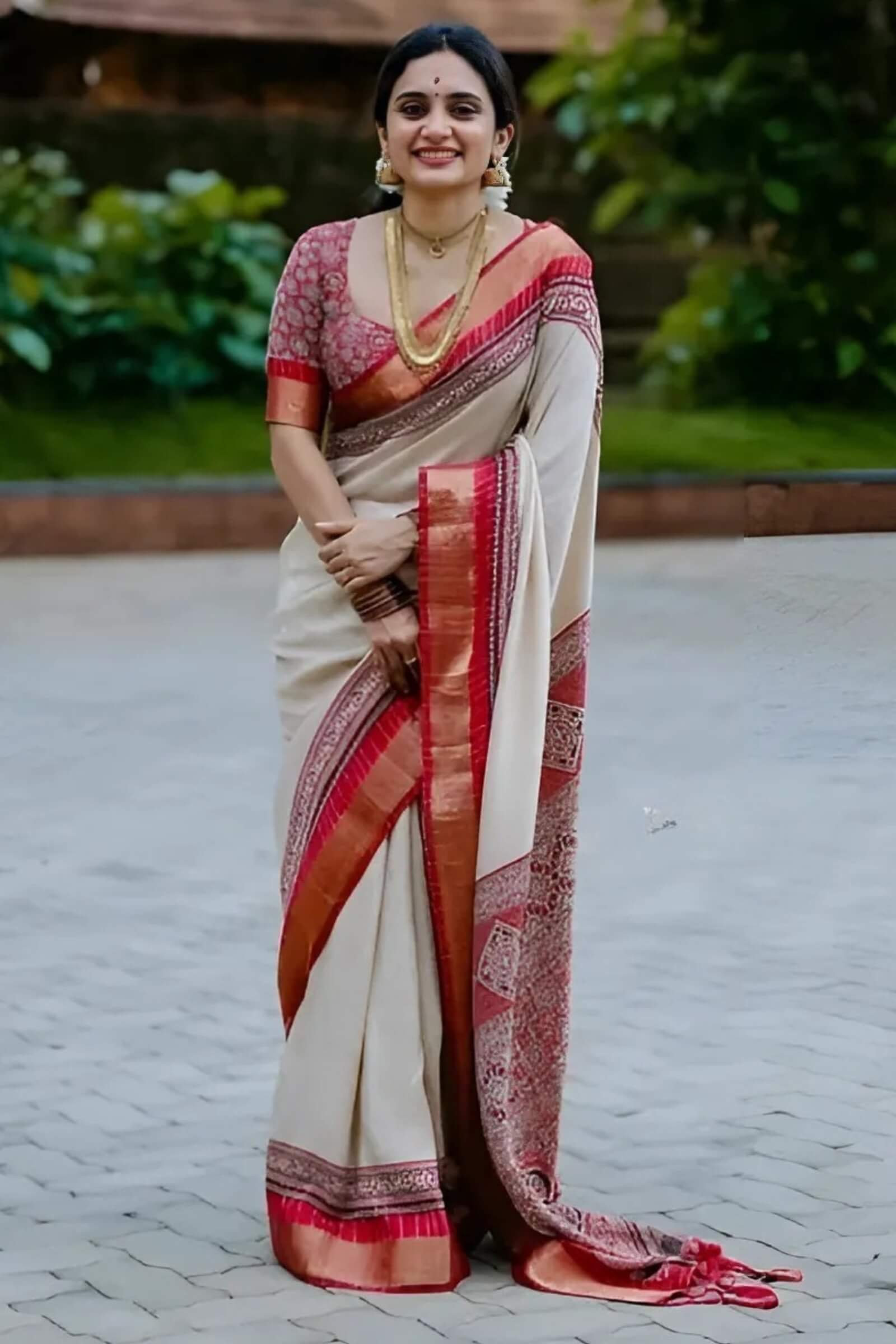 Glamorous Beige Digital Printed Dola Silk Saree With Scrumptious Blouse Piece