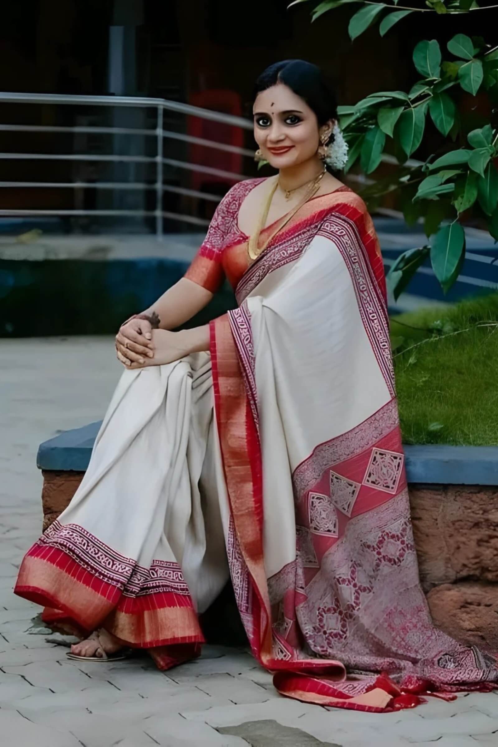 Glamorous Beige Digital Printed Dola Silk Saree With Scrumptious Blouse Piece