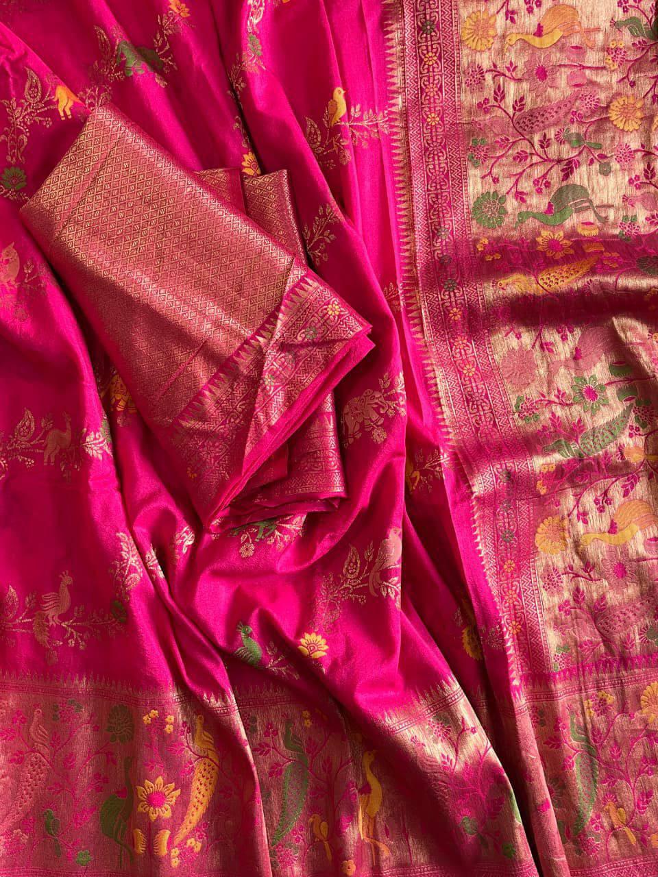 Lassitude Dark Pink Soft Banarasi Silk Saree With Quixotic Blouse Piece