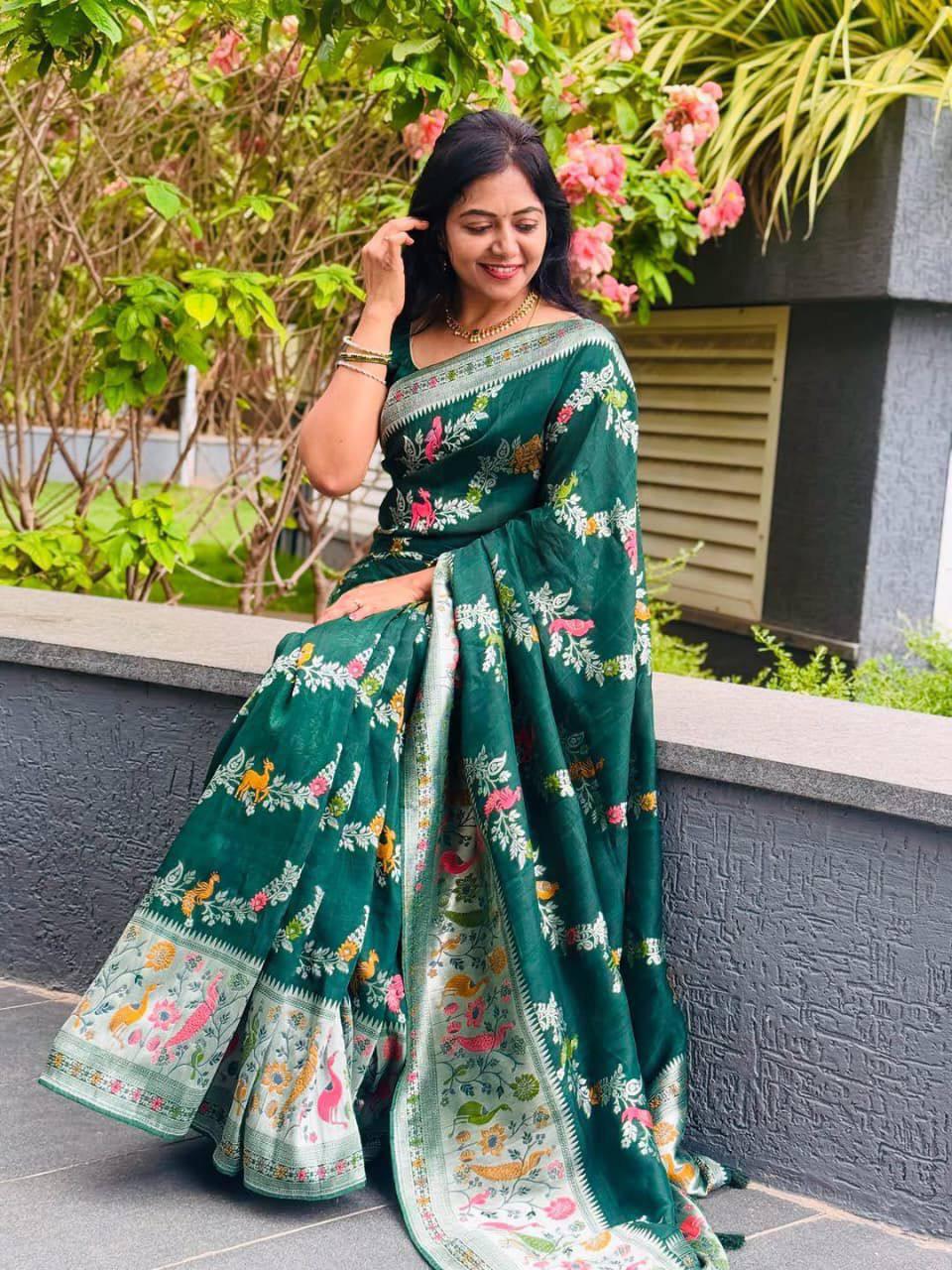 Rhapsody Green Soft Banarasi Silk Saree With Gossamer Blouse Piece