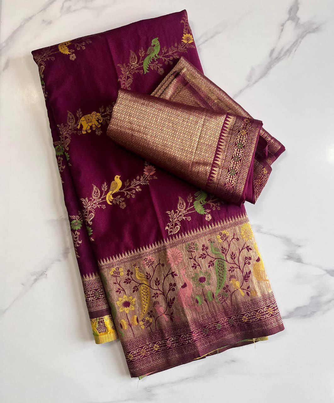 Flaunt Purple Soft Banarasi Silk Saree With Elaborate Blouse Piece