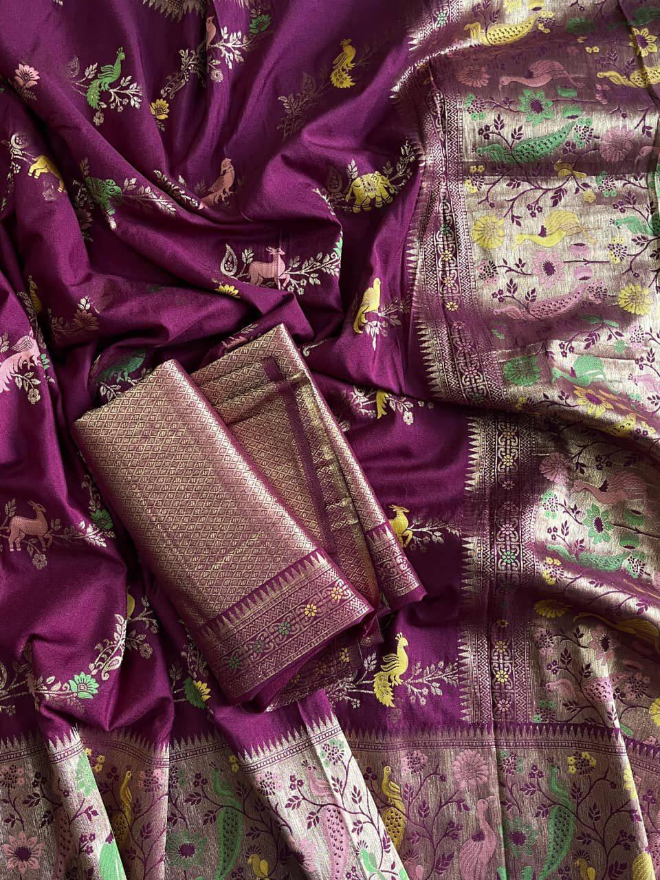 Flaunt Purple Soft Banarasi Silk Saree With Elaborate Blouse Piece