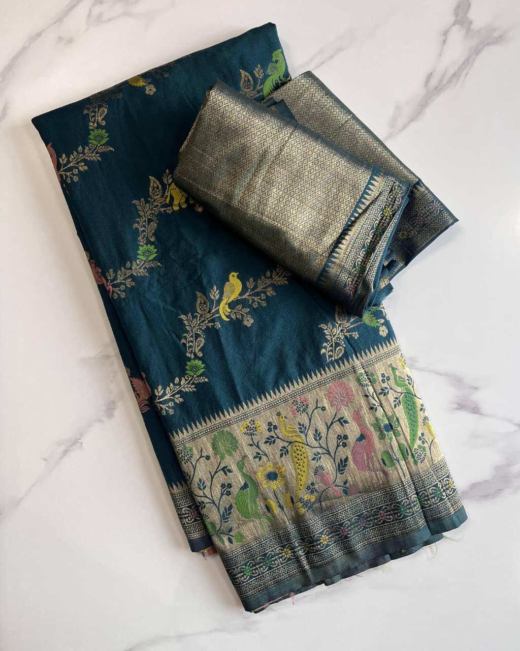Wonderful Rama Soft Banarasi Silk Saree With Enthralling Blouse Piece