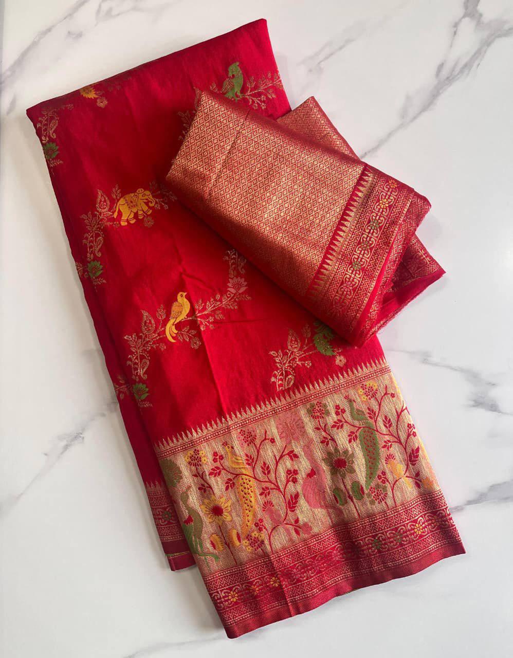 Exquisite Red Soft Banarasi Silk Saree With Embellished Blouse Piece