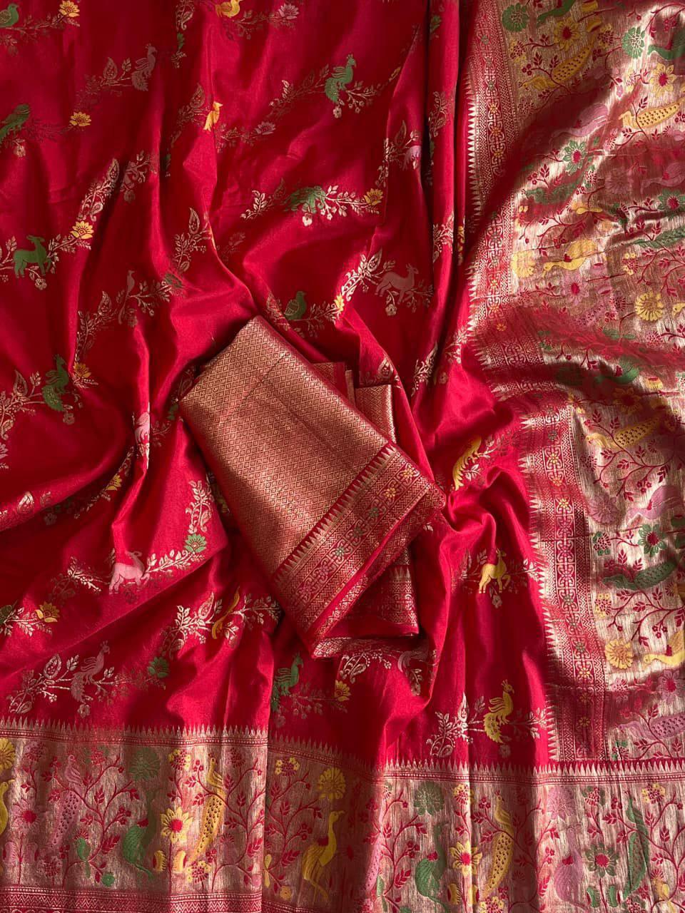 Exquisite Red Soft Banarasi Silk Saree With Embellished Blouse Piece