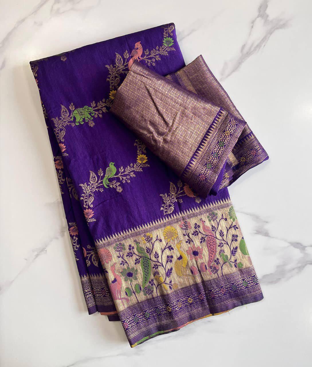 Demanding Royal Purple Soft Banarasi Silk Saree With Snazzy Blouse Piece