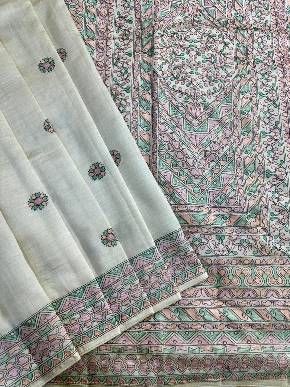 Extraordinary Beige Embroidery Work Tussar Silk Saree With Moiety Blouse Piece