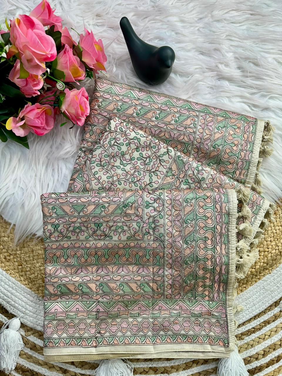 Extraordinary Beige Embroidery Work Tussar Silk Saree With Moiety Blouse Piece
