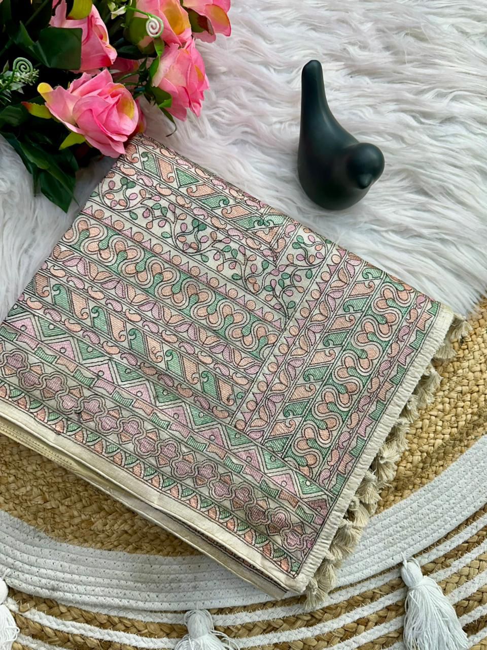 Extraordinary Beige Embroidery Work Tussar Silk Saree With Moiety Blouse Piece