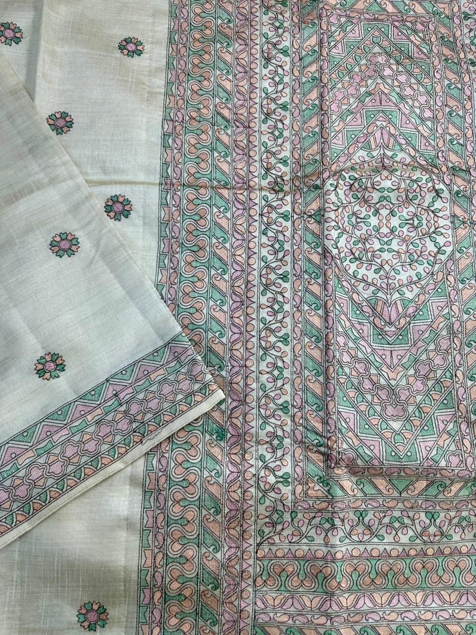 Extraordinary Beige Embroidery Work Tussar Silk Saree With Moiety Blouse Piece