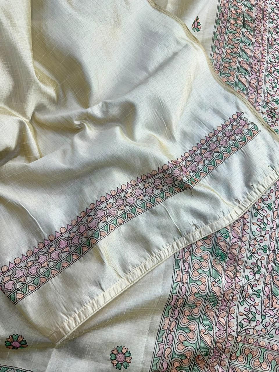 Extraordinary Beige Embroidery Work Tussar Silk Saree With Moiety Blouse Piece