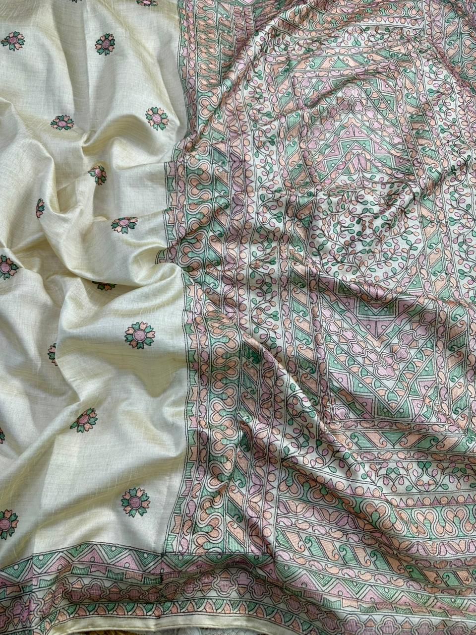 Extraordinary Beige Embroidery Work Tussar Silk Saree With Moiety Blouse Piece