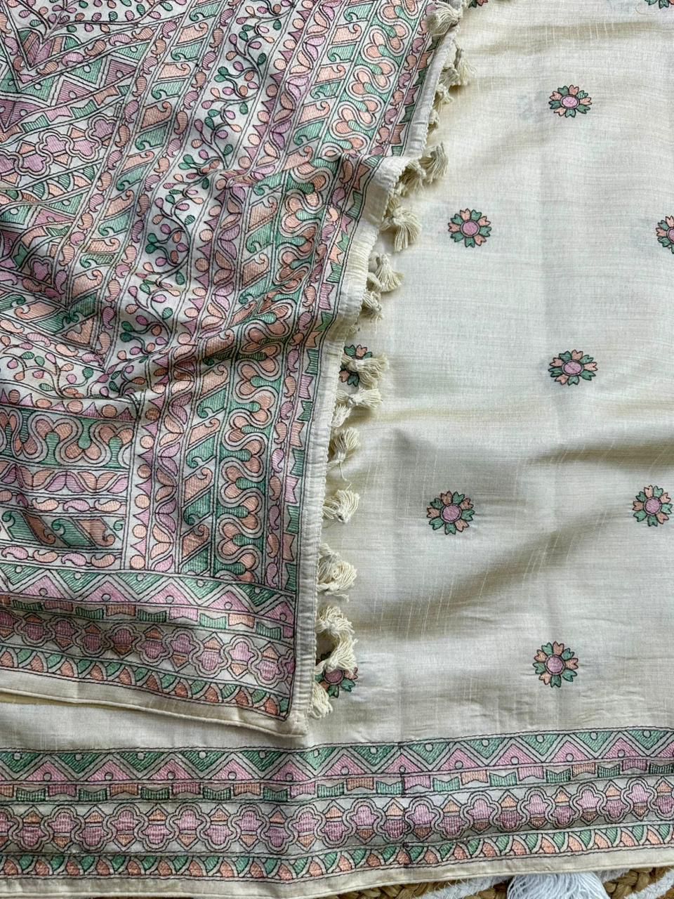 Extraordinary Beige Embroidery Work Tussar Silk Saree With Moiety Blouse Piece