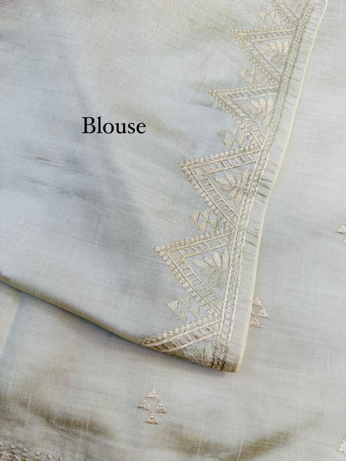 Rhapsodic Off White Embroidery Work Tussar Silk Saree With Ethereal Blouse Piece