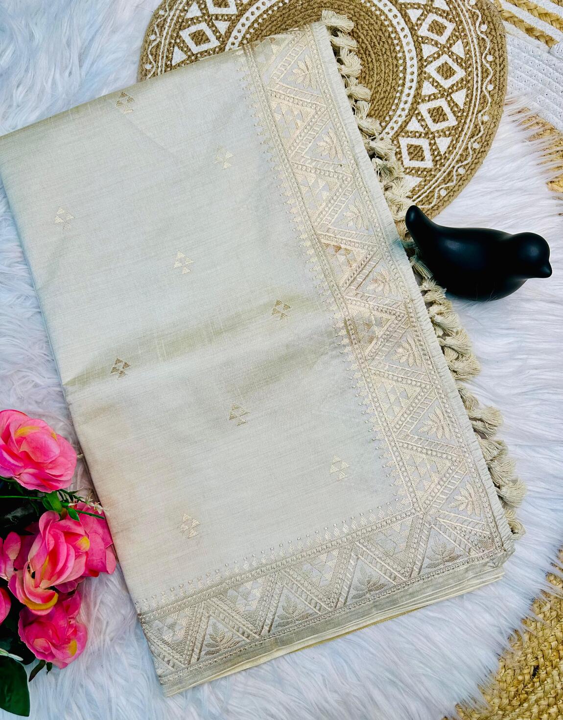Rhapsodic Off White Embroidery Work Tussar Silk Saree With Ethereal Blouse Piece