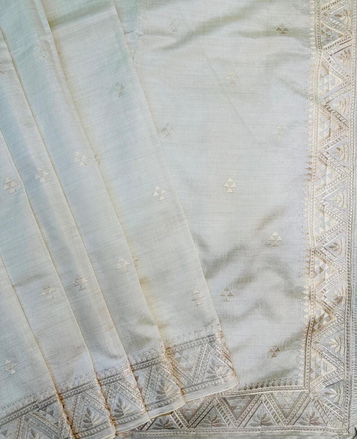 Rhapsodic Off White Embroidery Work Tussar Silk Saree With Ethereal Blouse Piece