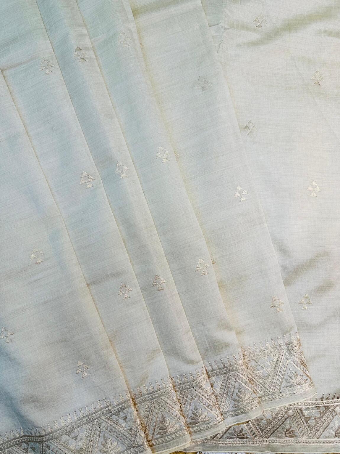 Rhapsodic Off White Embroidery Work Tussar Silk Saree With Ethereal Blouse Piece