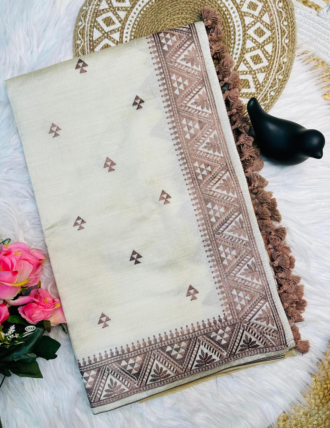 Diaphanous Off White Embroidery Work Tussar Silk Saree With Scrupulous Blouse Piece