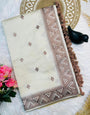 Diaphanous Off White Embroidery Work Tussar Silk Saree With Scrupulous Blouse Piece