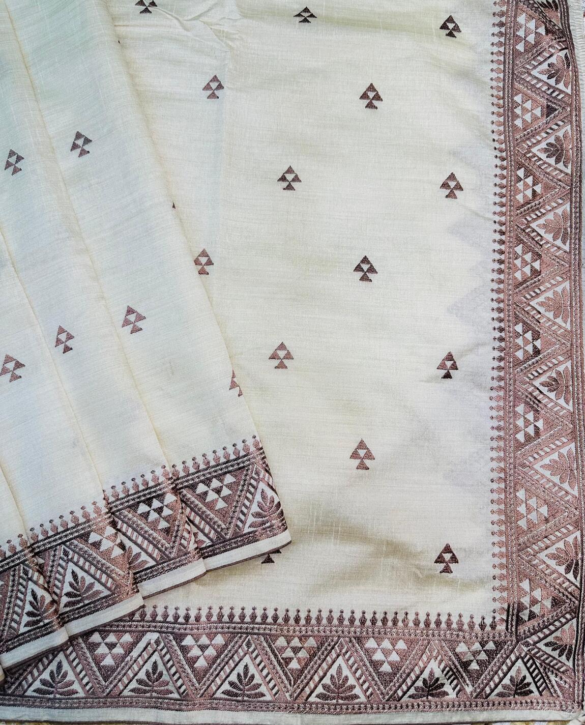 Diaphanous Off White Embroidery Work Tussar Silk Saree With Scrupulous Blouse Piece