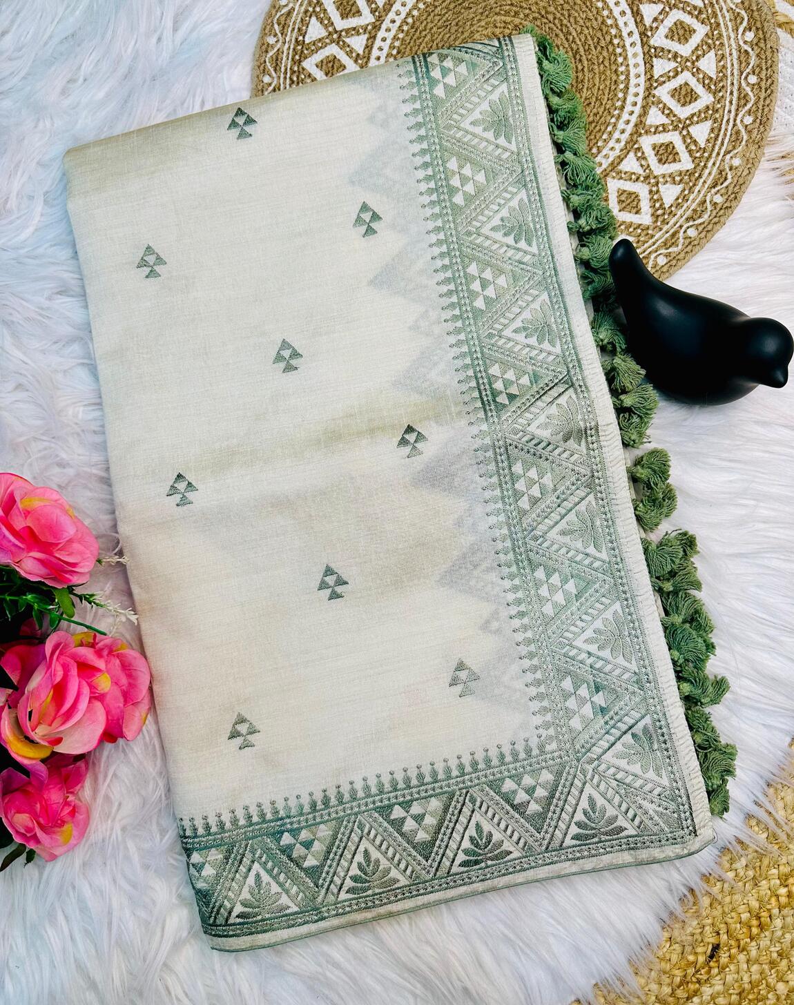 Nebula Off White Embroidery Work Tussar Silk Saree With Staggering Blouse Piece