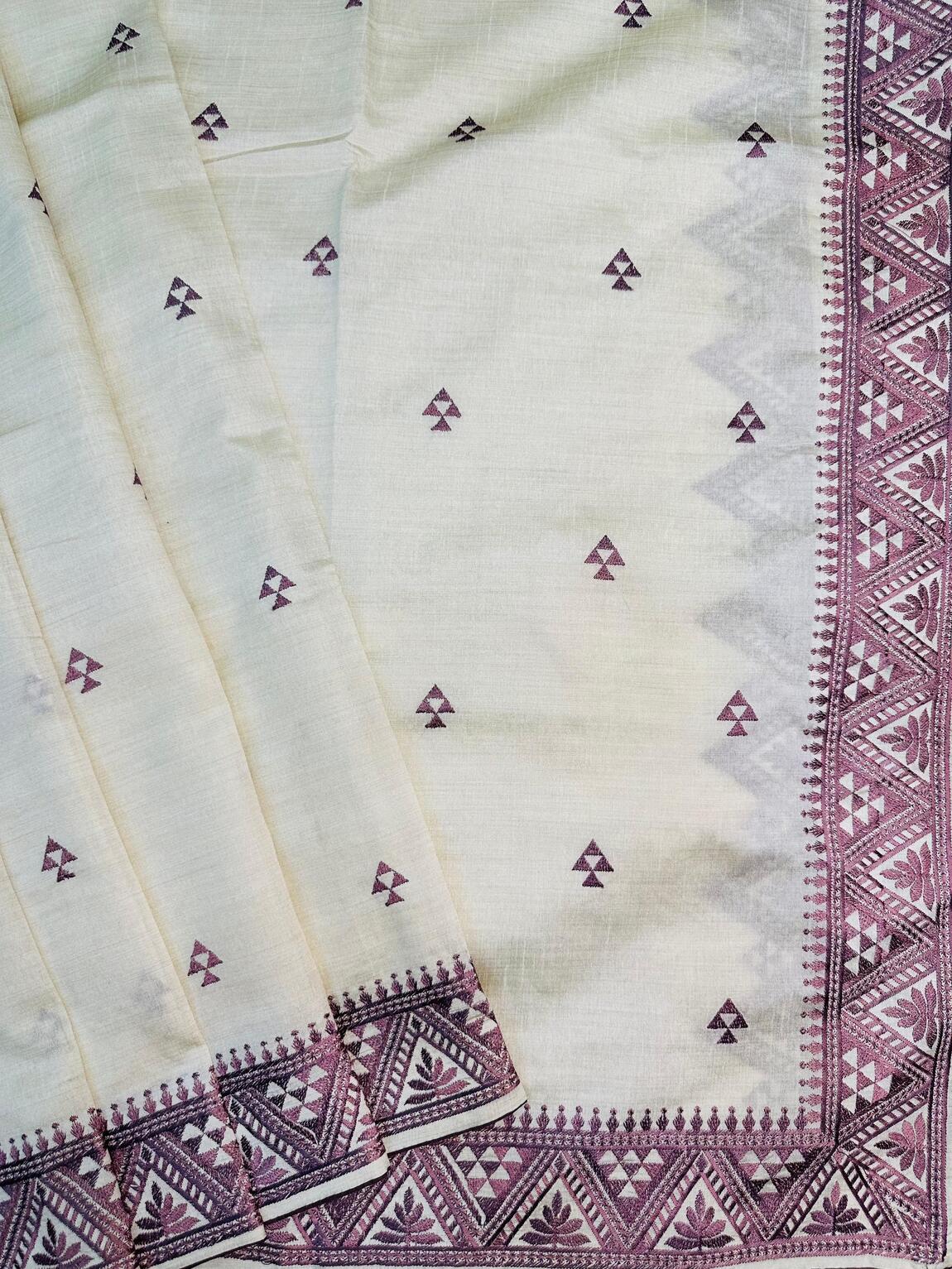 Tantalizing Off White Embroidery Work Tussar Silk Saree With Super classy Blouse Piece