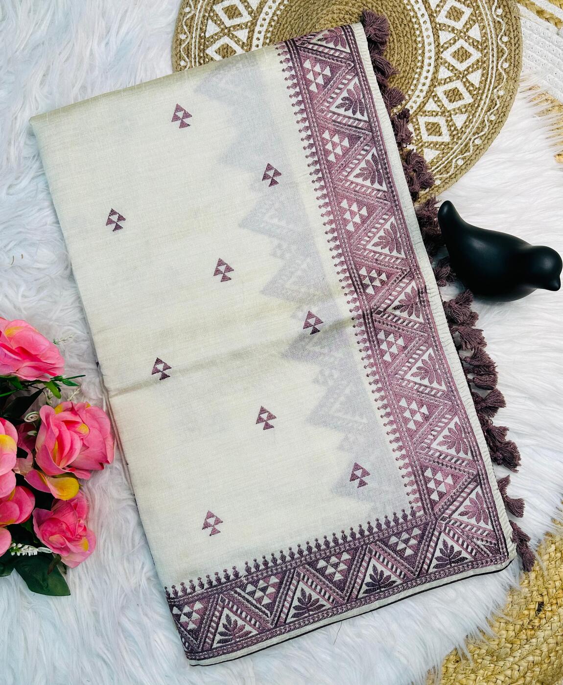 Tantalizing Off White Embroidery Work Tussar Silk Saree With Super classy Blouse Piece
