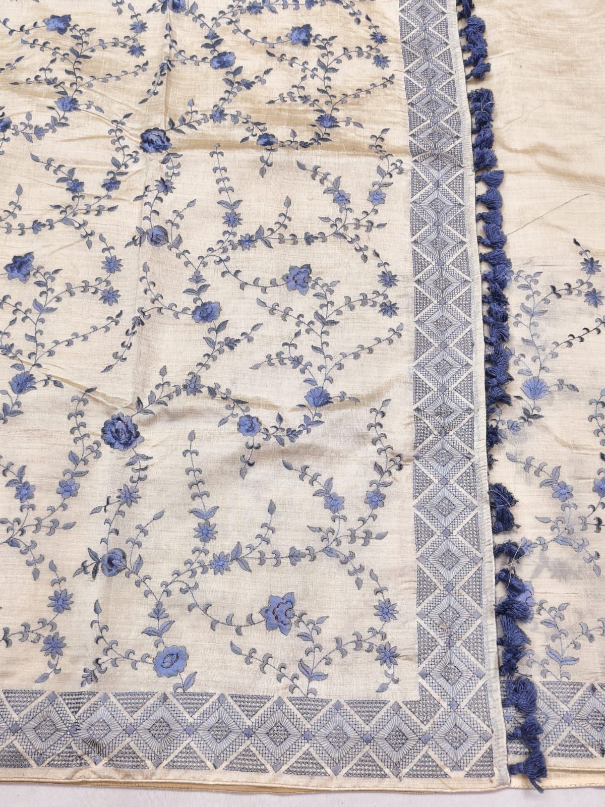 Opulent Beige Embroidery Work Tussar Silk Saree With Aplomb Blouse Piece