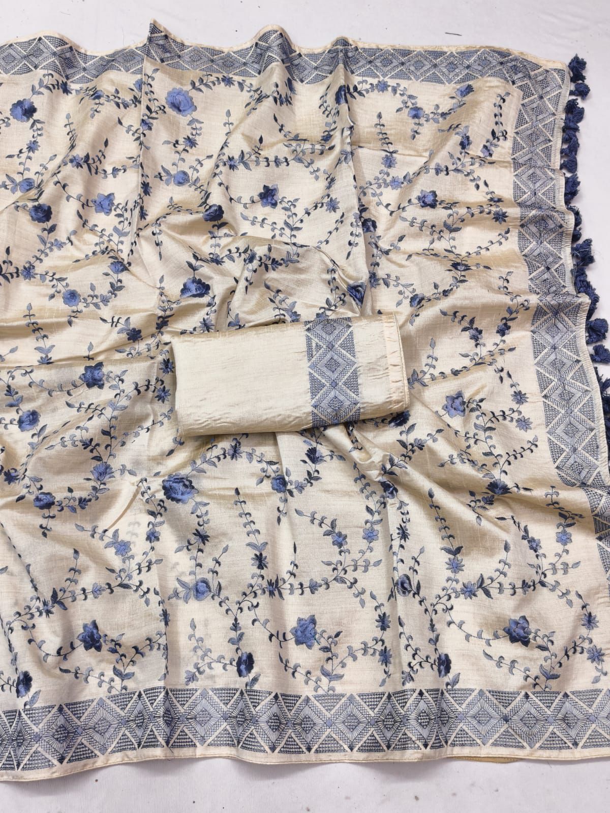 Opulent Beige Embroidery Work Tussar Silk Saree With Aplomb Blouse Piece