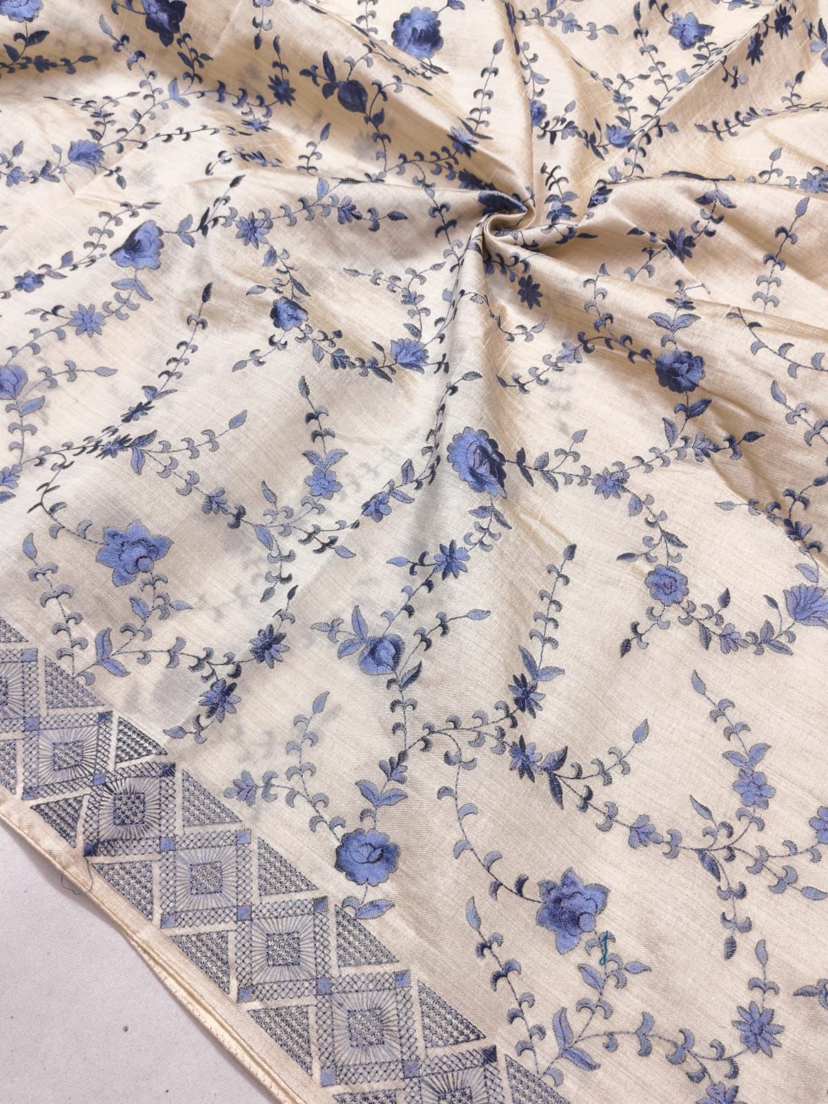 Opulent Beige Embroidery Work Tussar Silk Saree With Aplomb Blouse Piece