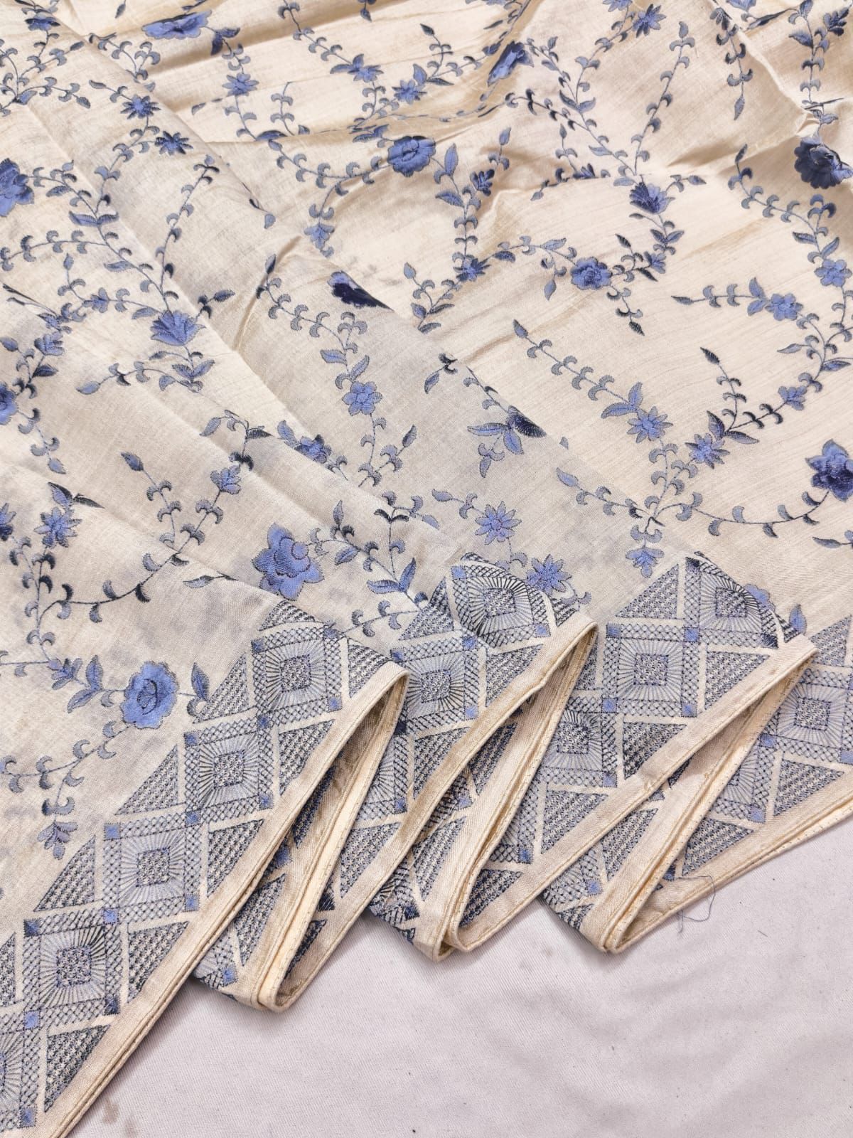 Opulent Beige Embroidery Work Tussar Silk Saree With Aplomb Blouse Piece
