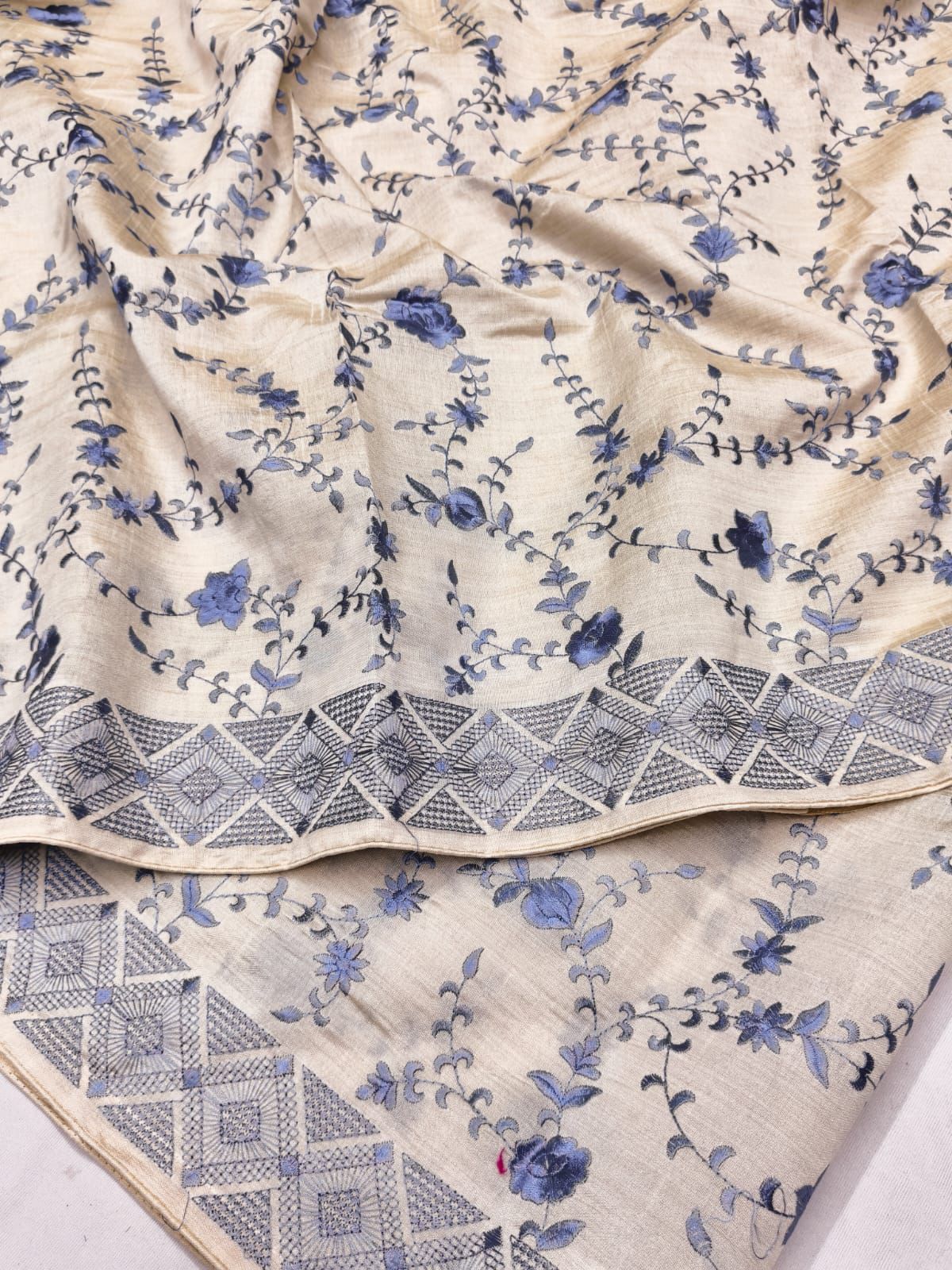 Opulent Beige Embroidery Work Tussar Silk Saree With Aplomb Blouse Piece