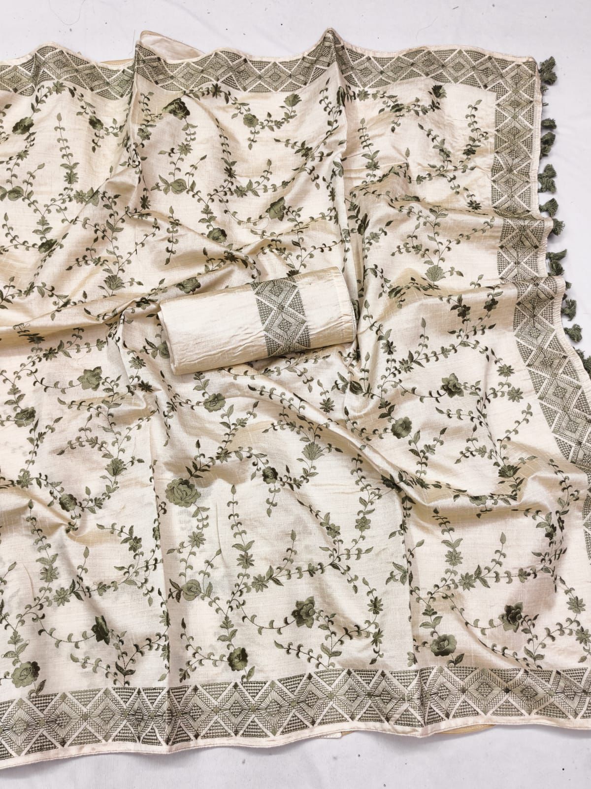 Stunner Beige Embroidery Work Tussar Silk Saree With Dalliance Blouse Piece