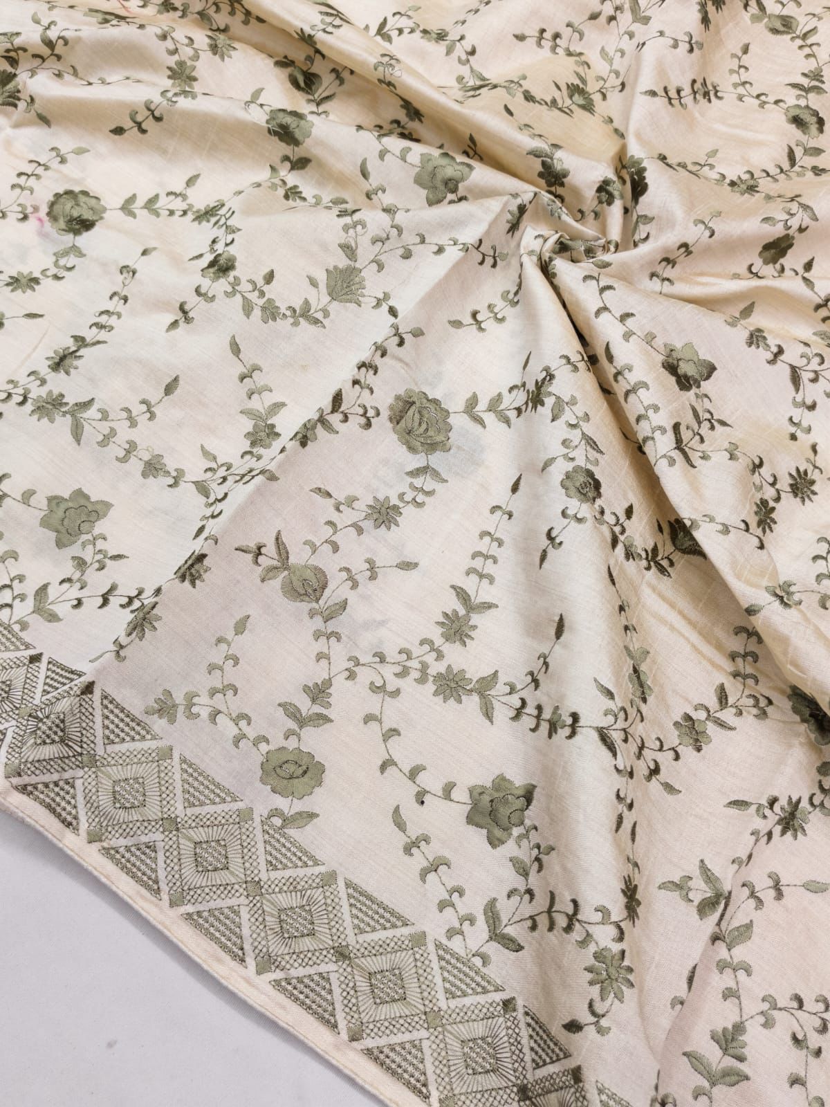 Stunner Beige Embroidery Work Tussar Silk Saree With Dalliance Blouse Piece