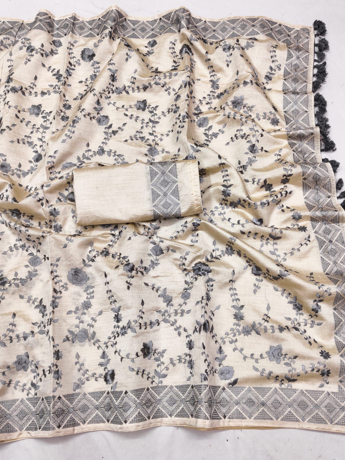 Profuse Beige Embroidery Work Tussar Silk Saree With Enchanting Blouse Piece