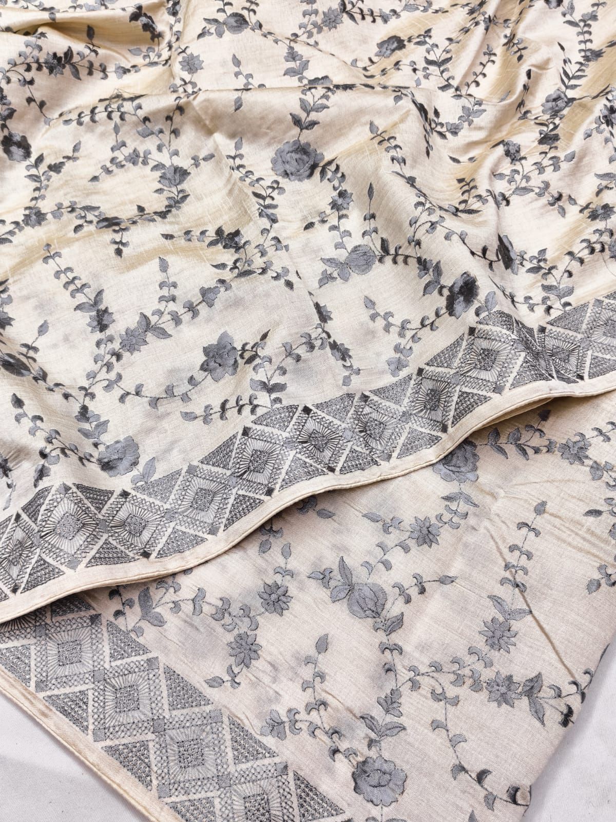 Profuse Beige Embroidery Work Tussar Silk Saree With Enchanting Blouse Piece