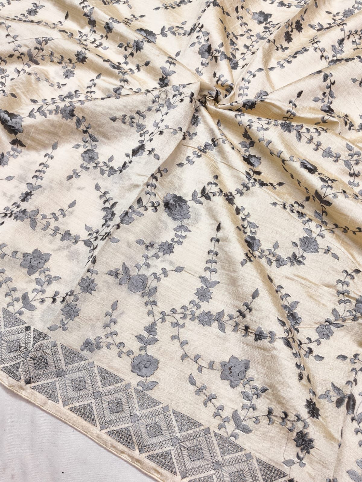 Profuse Beige Embroidery Work Tussar Silk Saree With Enchanting Blouse Piece